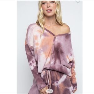 Papermoon  Tie Dye Waffle Knit Long Sleeve Short Set Loungewear